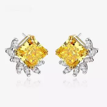 Квадратные серьги-гвоздики с желтым цветком AAAAA + 11 карат для женщин, настоящее серебро 925 пробы, свадебные украшения для невесты