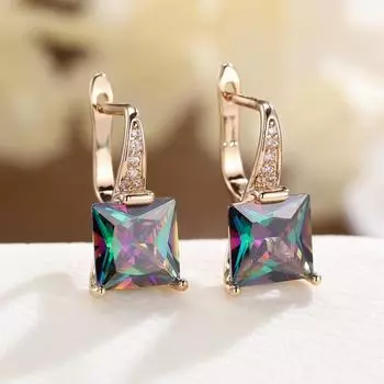 Квадратные синие радужные серьги-подвески с цирконами CZ для женщин, модные серьги-капли золотого цвета, повседневные изящные украшения разноцветный