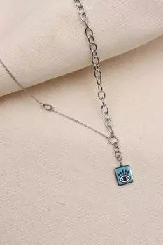 Квадратные стальные серьги серебряного цвета с синей эмалью и глазом