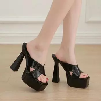 Квадратные тапочки на платформе для женщин, лакированная кожа, широкие ремни, кроссовки, 15 см, толстые, высокие, летние, новые 35