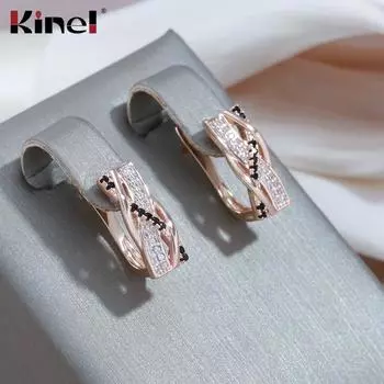 Квадратные женские серьги Kinel с черным цирконом розового золота