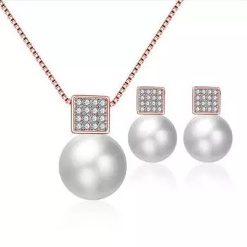 Квадратный бриллиантовый жемчуг Кулон Ювелирный комплект Ожерелье Серьги Свадебный серебряный