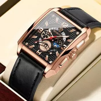 Квадратный циферблат, лучший бренд класса люкс, кварцевые часы для мужчин, модные, коричневый кожаный ремешок, повседневные спортивные наручные часы с датой