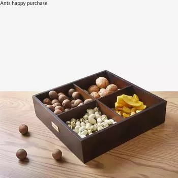 Квадратный деревянный ящик для хранения, коробка для сухофруктов, пластиковая крышка, 4 ячейки, коробки для закусок, тарелка для орехов, контейнер для закусок, настольный органайзер для хранения
