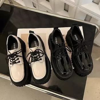 Квадратный каблук-платформа женские 2024 новые шнурованные маленькие ароматные стильные модные темпераментные повседневные одинарные туфли маленькие кожаные туфли 35 чёрный