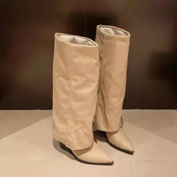 Квадратный каблук, высокие современные сапоги до колена, весна/осень, без застежек, хит продаж, женские сапоги с острым носком и средним каблуком 35
