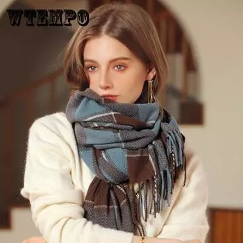 Квадратный клетчатый шарф для женщин, зимняя шаль, европейский и американский уличный цвет, контрастный кашемировый шарф с кисточками, имитация ONE SIZE