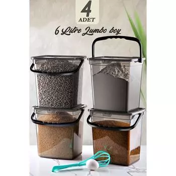 Квадратный контейнер из 4 предметов Passion Home Mega Size для муки и бобовых ( 6 литров ) - Ящик для хранения дозатора моющих средств с ручкой Ведро для муки, черный