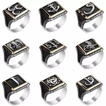 Квадратный корпус Письмо и символ Серебряное кольцо 925 пробы Серебряный исламский аксессуар Мужчины
