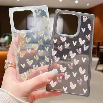 Квадратный матовый прозрачный чехол для телефона iPhone 16 Pro 15 14 Plus 13 12 Pro Max 11 однотонный маленький сердечный чехол с защитой от ударов из ТПУ, мягкий, тонкий iPhone 16 розовый/чёрный