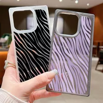Квадратный матовый прозрачный чехол для телефона iPhone 16 15 Pro 14 Plus 13 12 Pro Max 11 с узором в виде цветных полосок зебры, ударопрочный мягкий тонкий чехол из ТПУ iPhone 16 розовый/чёрный
