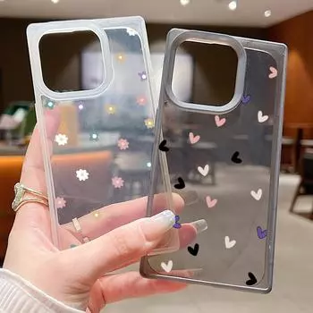 Квадратный матовый прозрачный чехол для телефона iPhone 16 Pro 15 14 Plus 13 12 Pro Max 11 цветной узор с цветами и сердечками, ударопрочный мягкий тонкий чехол из ТПУ iPhone 16 чёрный