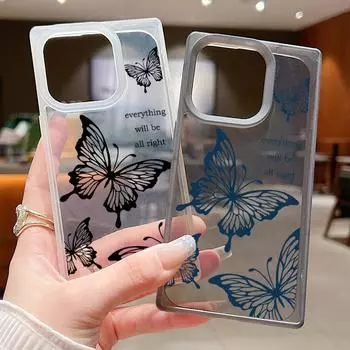 Квадратный матовый прозрачный чехол для телефона iPhone 16 15 Pro 14 Plus 13 12 Pro Max 11 с рисунком бабочки, ударопрочный мягкий тонкий чехол из ТПУ iPhone 16 чёрный