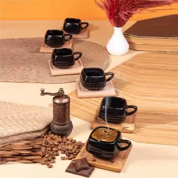 Квадратный набор керамических чашек для турецкого кофе ручной работы на 6 человек с бамбуковым блюдцем - 2 разных цвета