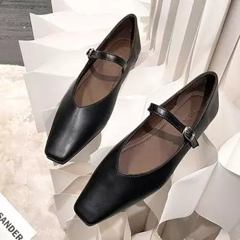 Квадратный носок неглубокие балетки на плоской подошве женские новые повседневные элегантные туфли Мэри Джейн с пряжкой на плоской подошве обувь для платья Mujer 35 чёрный