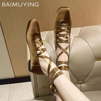 Квадратный носок неглубокие женские балетные туфли элегантные шнурованные мягкие зимние туфли 2025 тренд дизайнерское платье новые женские туфли 36