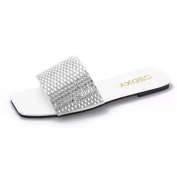 Квадратный носок, плоский каблук, стразы, большие размеры, крутые тапочки для женщин на лето 2025 года, новая повседневная пляжная обувь на мягкой подошве для улицы 35 белый
