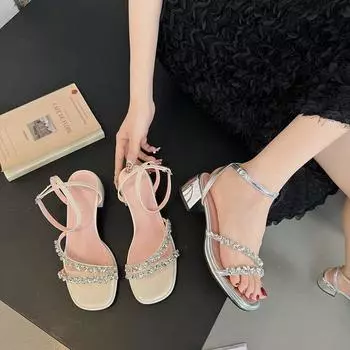 Квадратный носок, сандалии, женская летняя мода, верхняя одежда, толстый каблук, женская обувь, темперамент, знаменитость, стразы, высокий каблук, женские сандалии 35 серебряный