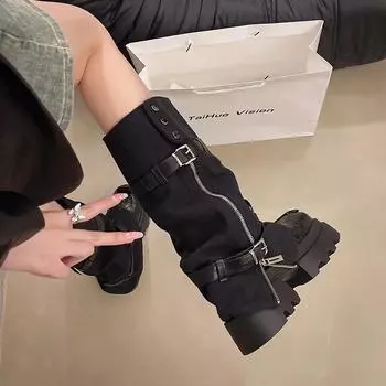 Квадратный носок толстый каблук повседневные туфли-лодочки женские толстая подошва платформа увеличивающая размер универсальные кожаные туфли женские мокасины с металлическим украшением 35