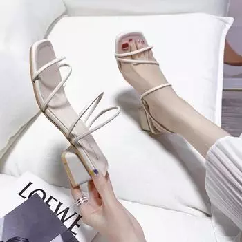 Квадратный носок Твердые женские туфли на высоком квадратном каблуке Сандалии без застежек Нескользящие толстые каблуки Сандалии Zapatos для женщин 2024 Мода 2024 35 бежевый