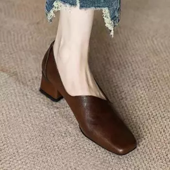 Квадратный носок женские туфли на среднем каблуке из кожи модные элегантные офисные туфли женские 2024 трендовые осенние туфли-лодочки туфли платье Zapatos Mujer 34 чёрный