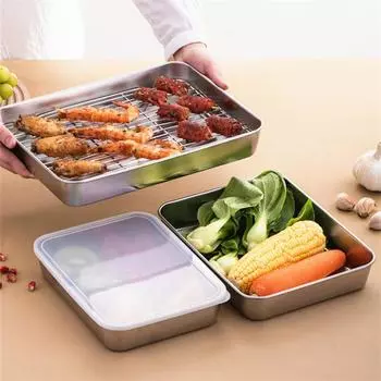 Квадратный поднос из нержавеющей стали с крышкой, кухонное блюдо для хранения продуктов, съемная охлаждающая решетка, противень для выпечки, сковорода для барбекю, контейнер для чипсов