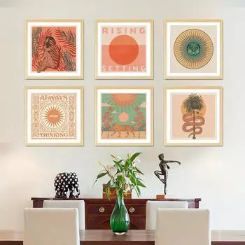 Квадратный постер Художественная печать Бохо Абстракция Женщина и леопард Змея Скандинавский ретро Солнце Лицо Разум Холст Картина Гостиная Домашний декор A4 20x20cm No Frame