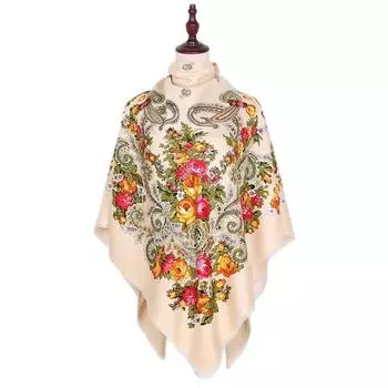 Квадратный шарф с русским цветочным принтом 130*130 см красный