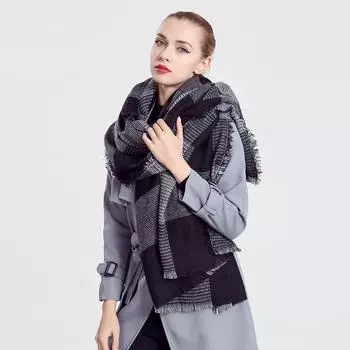 Квадратный шарф в клетку контрастного цвета Fan Da, мужской и женский парный квадратный шерстяной шарф, корейская версия большой шали 180-130cm чёрный