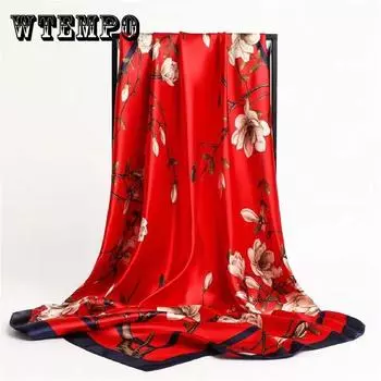 Квадратный шелковый имитационный атласный женский элегантный шарф с цветочным принтом, шаль, универсальный платок, солнцезащитный крем, марлевая шаль