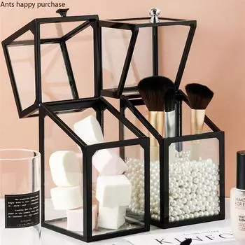 Квадратный стеклянный ящик для хранения, пылезащитный держатель для кистей для макияжа, шкатулка для украшений, ведро для инструментов для макияжа, держатель для ручек, домашний настольный органайзер для хранения