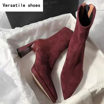 Квадратный Высокий Каблук Женские Ботильоны Модные Молнии Туфли Ретро Стиль Осень Зима Острый Носок Дамы Танцы Вечеринка Выпускной Туфли 35