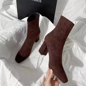 Квадратный Высокий Каблук Женские Ботильоны Модные Молнии Туфли Ретро Стиль Осень Зима Квадратный Носок Дамы Танцы 35 чёрный