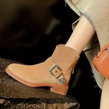 Квадратный Высокий Каблук Женские Сапоги В Ковбойском Стиле Модные Туфли Слипоны С Пряжкой Пояс Ретро Стиль Осень Зима Дамы Ботильоны До Середины Икры 35