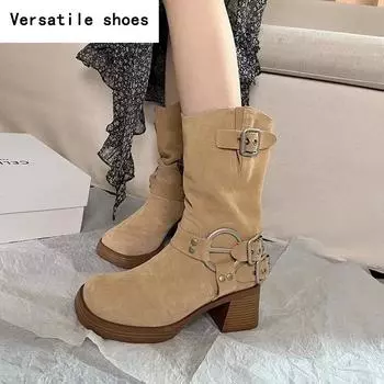 Квадратный Высокий Каблук Женские Сапоги В Ковбойском Стиле Модные Туфли Слипоны С Пряжкой Пояс Ретро Стиль Осень Зима Дамы Ботильоны До Середины Икры 35