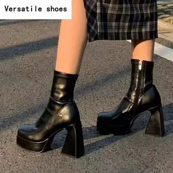 Квадратный Высокий Каблук Женские Сапоги В стиле вестерн Модные Ботинки С Молниями По Боку Осень Зима Дамы Элегантные Платформы Короткие Ботильоны 35