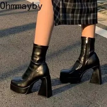 Квадратный Высокий Каблук Женские Сапоги В стиле вестерн Модные Ботинки С Молниями По Боку Осень Зима Дамы Элегантные Платформы Короткие Ботильоны 35 бежевый