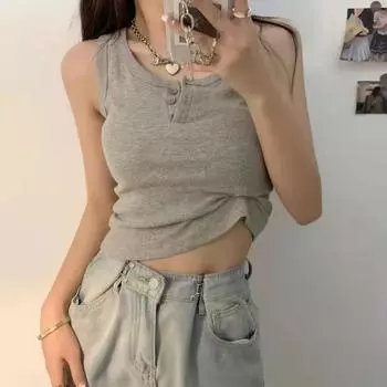Квадратный вырез на пуговицах, майка-комбинезон, облегающий крой, без рукавов, мягкий укороченный топ для женщин Y2k Travel M серый