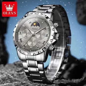 Кварцевые часы для мужчин Классические роскошные мужские наручные часы с фазой Луны 24-часовой хронограф календарь мужские часы синий