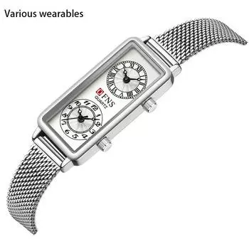 Кварцевые часы Классические модные квадратные женские часы с сетчатым ремешком Двойное время Кварцевые часы с римской шкалой