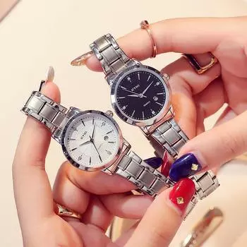 Кварцевые часы Модные пары Новые корейские версии Нержавеющая сталь Бизнес Календарь Мужские часы Бриллиантовые женские часы