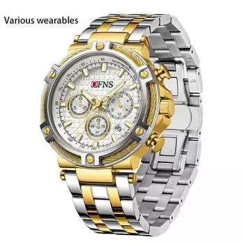 Кварцевые часы Мужские модные трендовые стальной браслет с шестью стрелками и календарем Водонепроницаемые кварцевые часы Модные часы