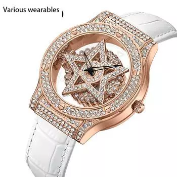 Кварцевые часы Пятиконечная звезда Вращающиеся полые кварцевые часы Модные часы с бриллиантами