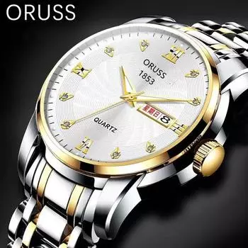 Кварцевые часы с автоматическим механизмом, мужские водонепроницаемые светящиеся наручные часы с двойным календарем и бриллиантами, часы для отдыха