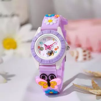 Кварцевые часы с изображением бабочки и мультяшным рисунком, цифровые, с силиконовым ремешком, подарочные часы для детей One Size фиолетовый