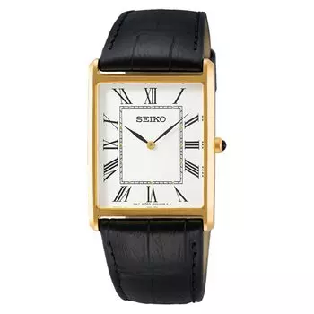 Кварцевые часы Seiko SWR052 квадратного дизайна с белым циферблатом и черным кожаным ремешком, мужские
