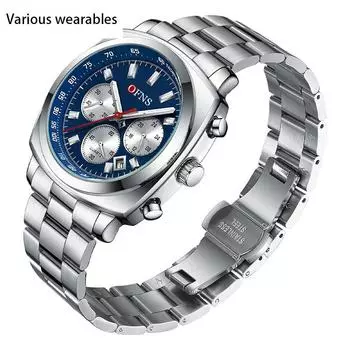 Кварцевые часы со стальным ремешком, шестью штифтами и тремя глазами, многофункциональные кварцевые часы, мужские модные часы, водонепроницаемые часы с хронографом