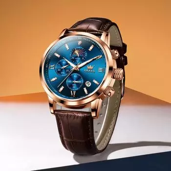 Кварцевые модные часы в подарок с круглым циферблатом и кожаным ремешком для часов, наручные часы с календарем фаз Луны и светящимся таймером steel band коричневый/чёрный