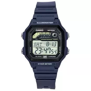 Кварцевые мужские часы Casio Standard Digital с синим полимерным ремешком WS-1600H-2A 100M чёрный