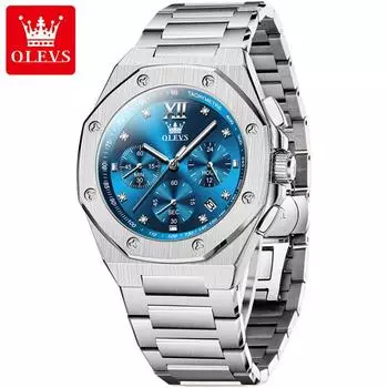 Кварцевые мужские часы многофункциональные роскошные новые наручные часы бриллианты золото нержавеющая сталь водонепроницаемые часы мужские синий